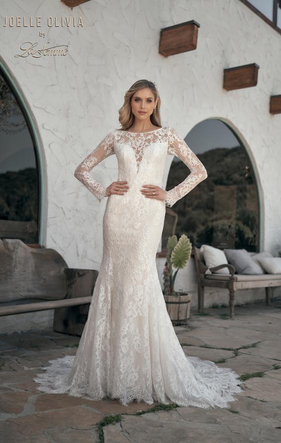 Picture of: Sheer Lace Long Sleeve Gown with Open Back in WIIII, Style: J2092, Detail Picture 3
