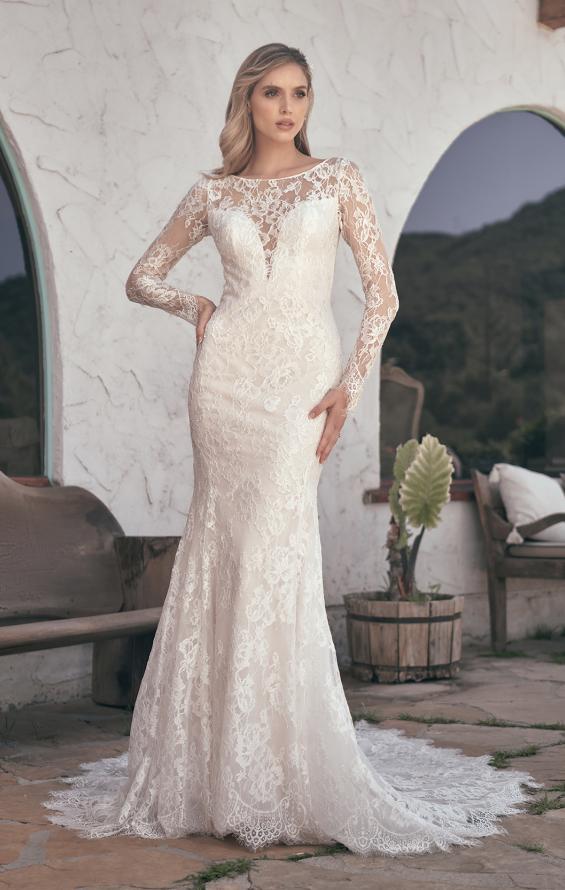 Picture of: Sheer Lace Long Sleeve Gown with Open Back in WIIII, Style: J2092, Detail Picture 4, Landscape