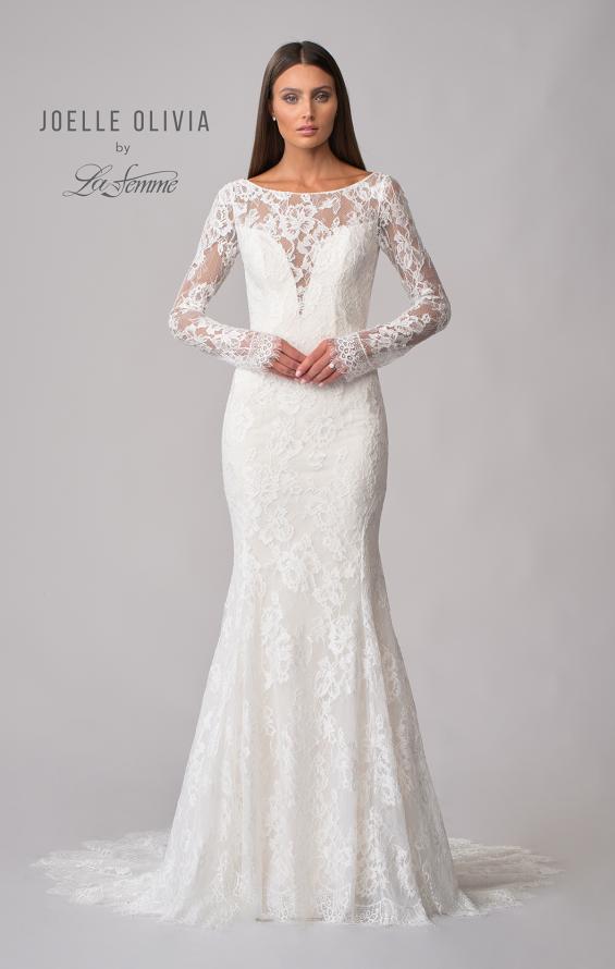 Picture of: Sheer Lace Long Sleeve Gown with Open Back in WIIII, Style: J2092, Detail Picture 5