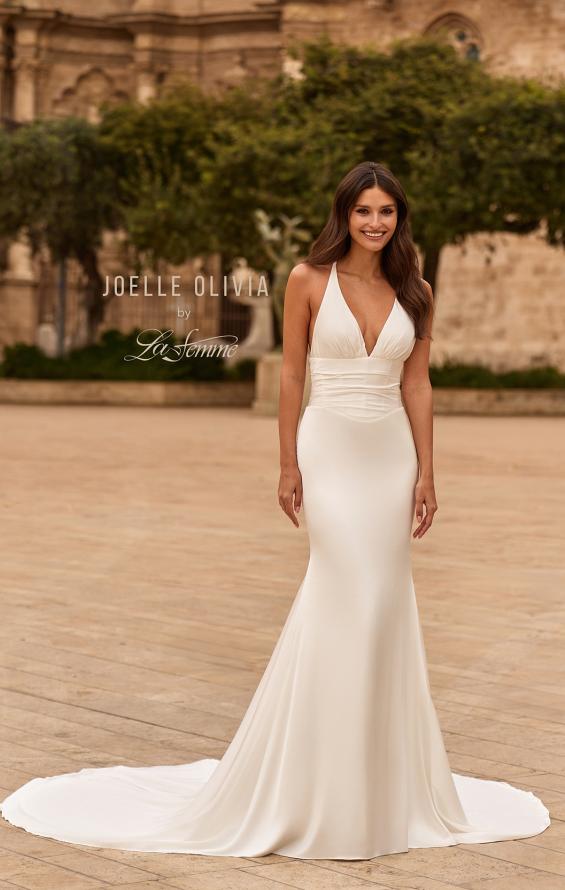 Picture of: Satin Halter Fit and Flare Wedding Dress with Open Back in diamond white, Style: J2288, Main Picture