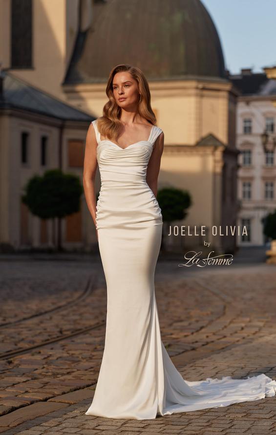 Picture of: Ruched Jersey Fit and Flare Wedding Dress with Cap Straps in ivory, Style: J2293, Detail Picture 4