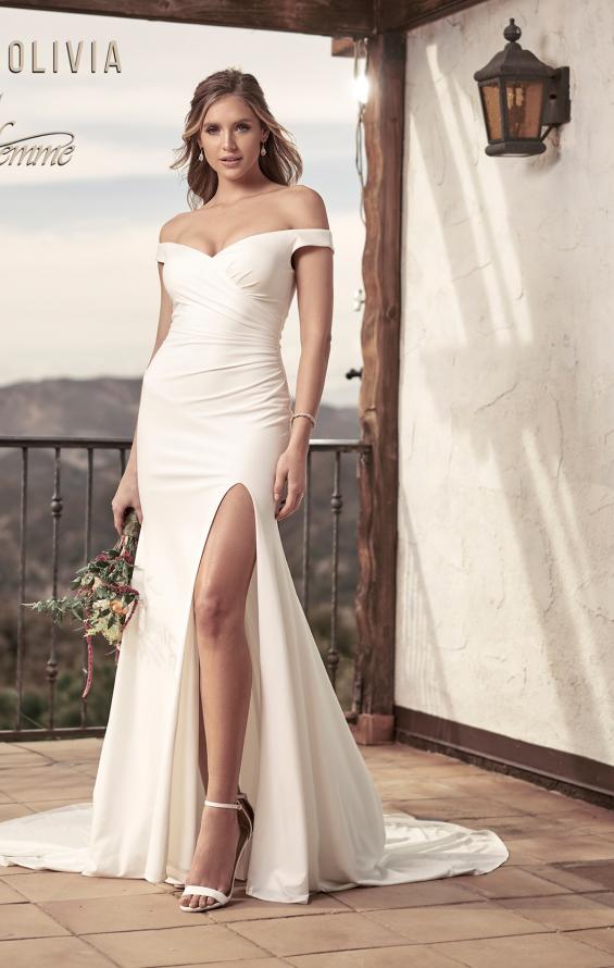 Picture of: Off the Shoulder Wedding Dress with Ruching and Slit in ivory, Style: J2004, Main Picture