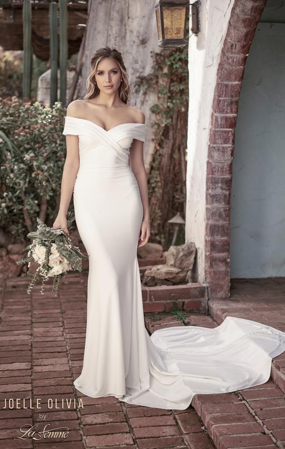 Picture of: Luxe Jersey Off the Shoulder Gown with Ruching in ivory, Style: J2013, Main Picture