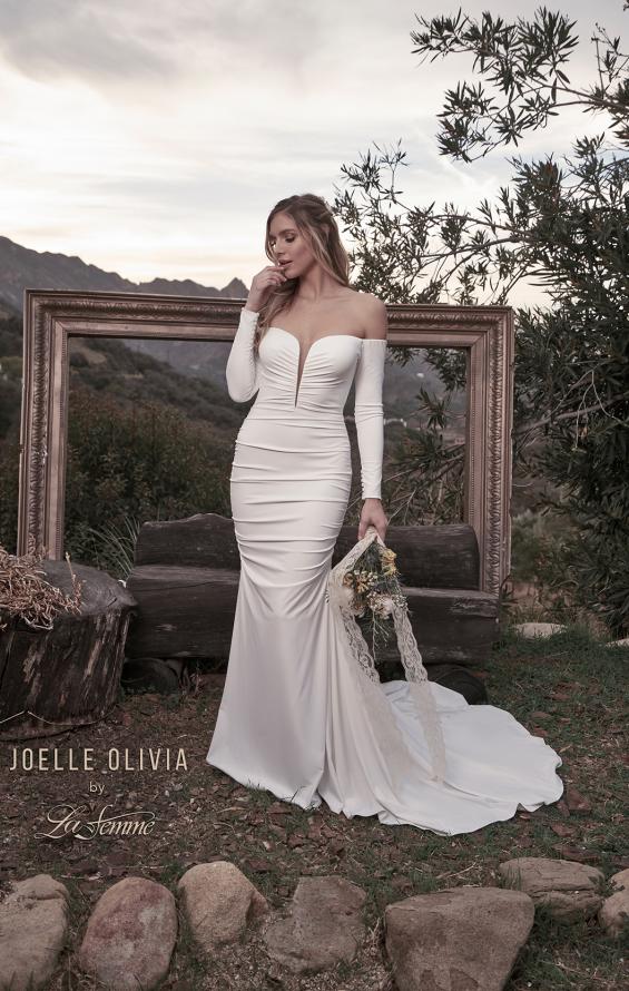 Picture of: Long Sleeve Plunge Neck Gown with Off the Shoulder Top in ivory, Style: J2033, Main Picture