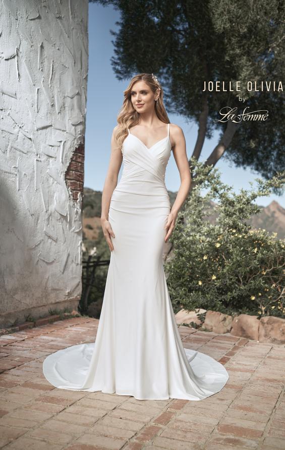 Picture of: Criss Cross Bodice Gown with Illusion Lace Back in ivory, Style: J2047, Main Picture