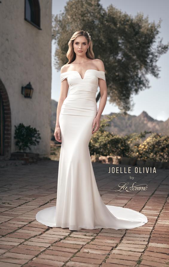 Picture of: Off the Shoulder V Neck Ruched Wedding Dress in ivory, Style: J2089, Main Picture