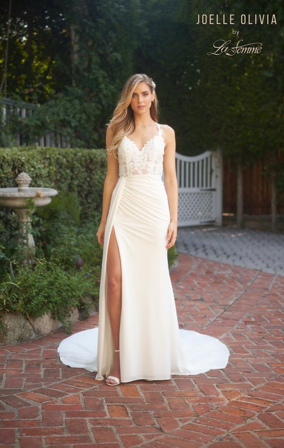 Picture of: Elegant Luxe Jersey Gown with Lace Bodice and Slit in ivory, Style: J2102, Main Picture