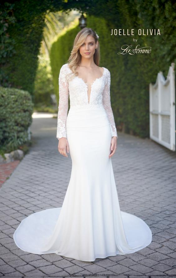 Picture of: Long Sleeve Gown with Lace Bodice and Plunge V Neck in ivory, Style: J2104, Main Picture
