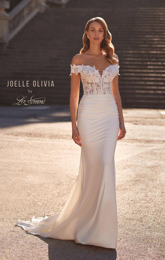 Picture of: Off the Shoulder Wedding Gown with Lace Illusion Bodice and Luxe Jersey Skirt in ivory, Style: J2163, Main Picture