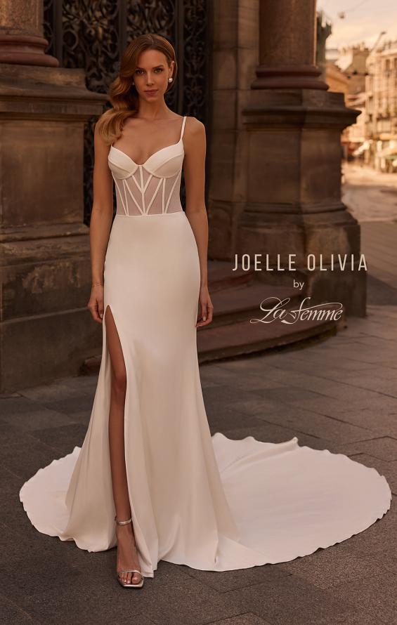 Picture of: Fitted Luxe Jersey Wedding Dress with Corset Top and Slit in ivory, Style: J2230, Main Picture