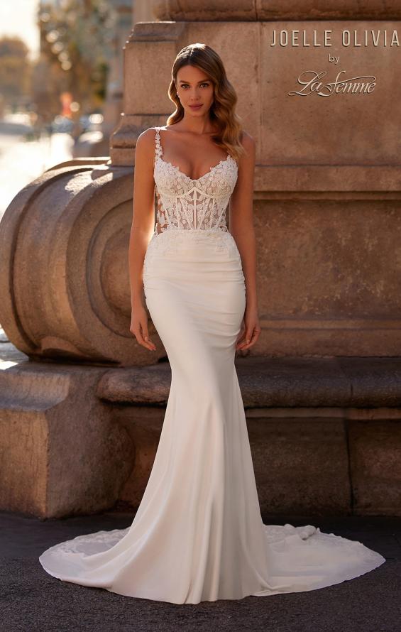 Picture of: Luxe Jersey Wedding Gown with Lace Bustier Illusion Bodice and Sheer Back in ivory, Style: J2232, Main Picture