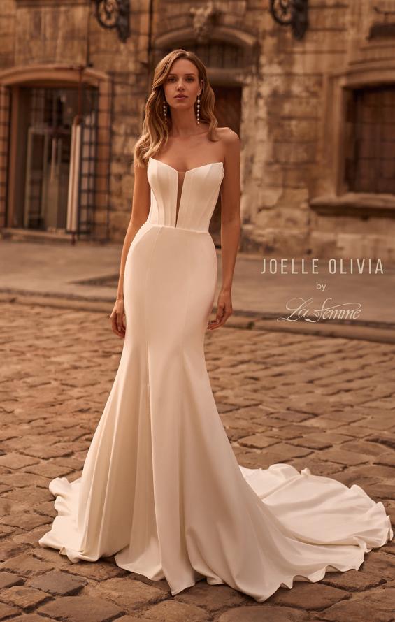 Picture of: Strapless Crepe Jersey Wedding Dress with Exposed Boning and Plunge Neckline in ivory, Style: J2256, Main Picture
