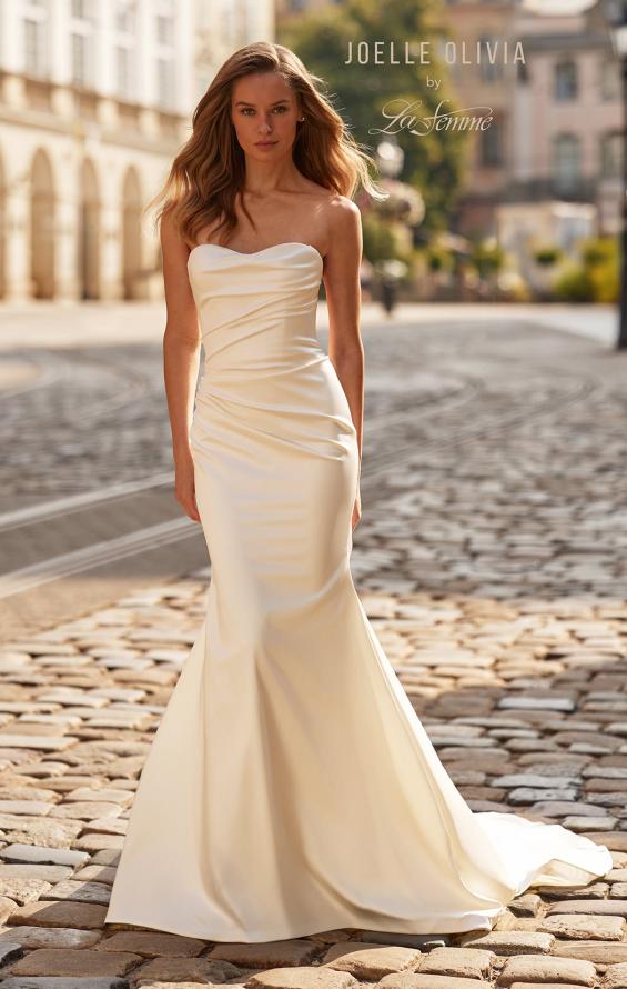 Picture of: Strapless Satin Fit and Flare Wedding Dress with Corset Back in ivory, Style: J2277, Main Picture