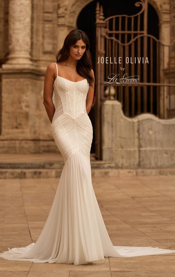 Picture of: Sheer Corset Mermaid Wedding Dress with Ruched Tulle Skirt in ivory, Style: J2321, Main Picture