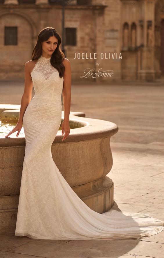 Picture of: High Neck Lace Fit and Flare Wedding Dress with Sheer Back in ivory, Style: J2323, Main Picture