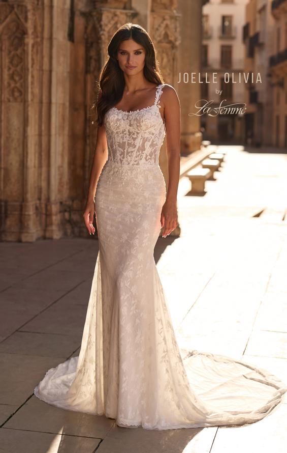 Picture of: Floral Lace Wedding Dress with Sheer Bodice and Open Back in ivory, Style: J2338, Main Picture