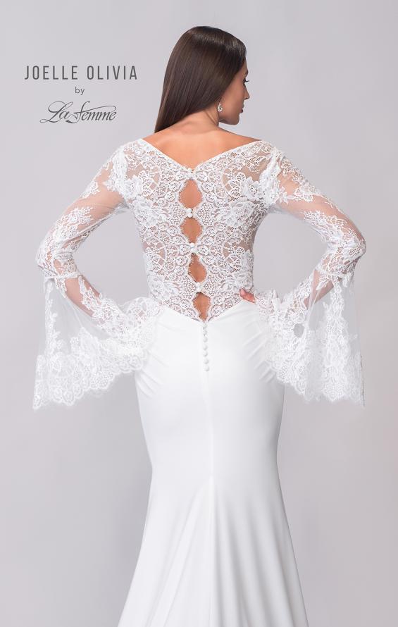 Picture of: Stunning Luxe Jersey Gown with Lace Bell Sleeves and Unique Button Up Back in ivory, Style: J2150, Detail Picture 8