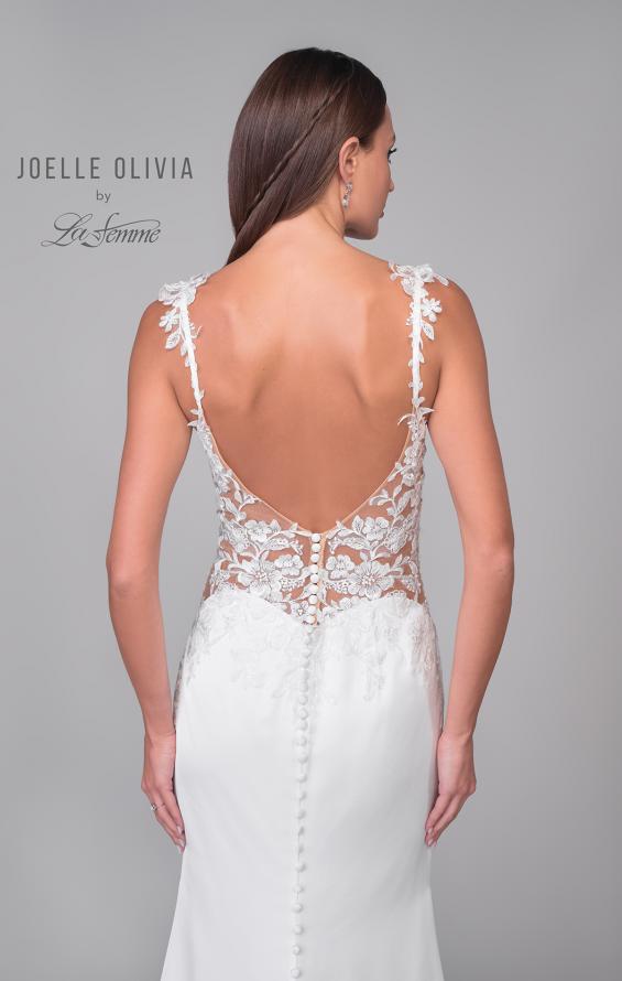 Picture of: Satin Gown with Slit and Lace Applique Bodice and Illusion Back in ivory, Style: J2158, Detail Picture 8