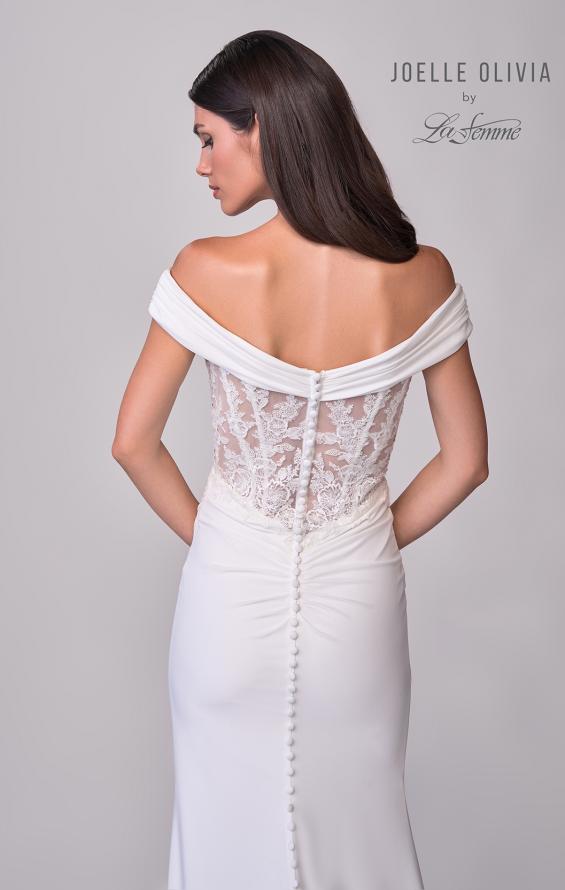 Picture of: Off the Shoulder Luxe Jersey Dress with Ruched Bodice and Illusion Lace Back in ivory, Style: J2181, Detail Picture 8