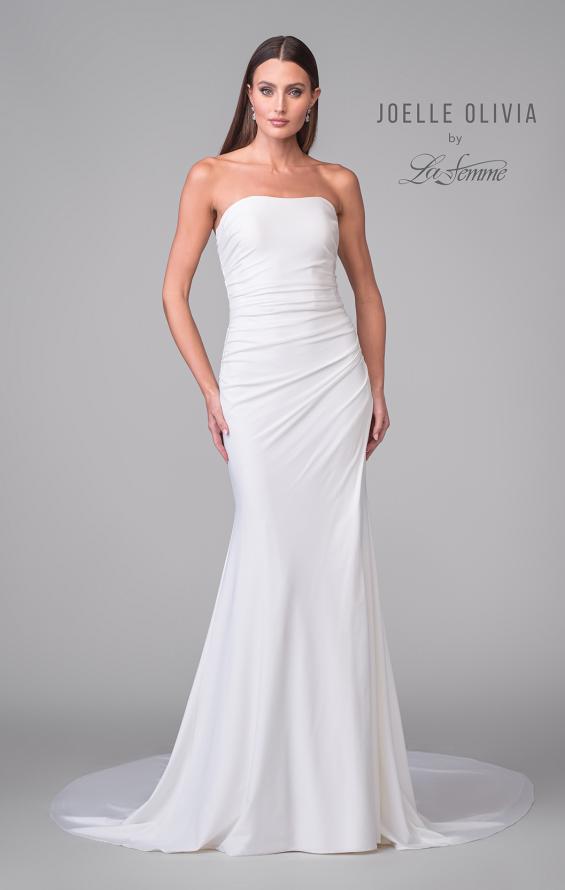 Picture of: Strapless Ruched Luxe Jersey Wedding Dress with Slit and Back Buttons in ivory, Style: J2073, Detail Picture 9
