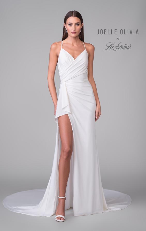 Picture of: Open Back Luxe Jersey Knit Dress with Slit and Ruffle Detail in ivory, Style: J2076, Detail Picture 9
