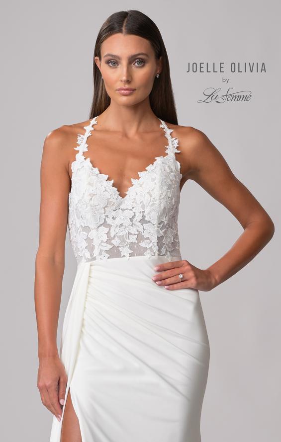 Picture of: Elegant Luxe Jersey Gown with Lace Bodice and Slit in ivory, Style: J2102, Detail Picture 9