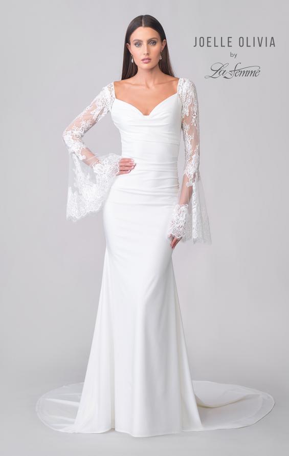 Picture of: Stunning Luxe Jersey Gown with Lace Bell Sleeves and Unique Button Up Back in ivory, Style: J2150, Detail Picture 9