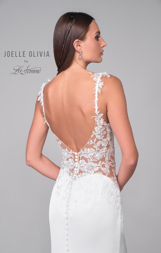 Picture of: Satin Gown with Slit and Lace Applique Bodice and Illusion Back in ivory, Style: J2158, Detail Picture 9