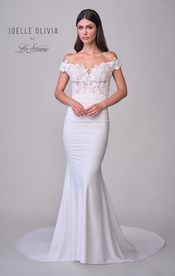 Picture of: Off the Shoulder Wedding Gown with Lace Illusion Bodice and Luxe Jersey Skirt in ivory, Style: J2163, Detail Picture 9