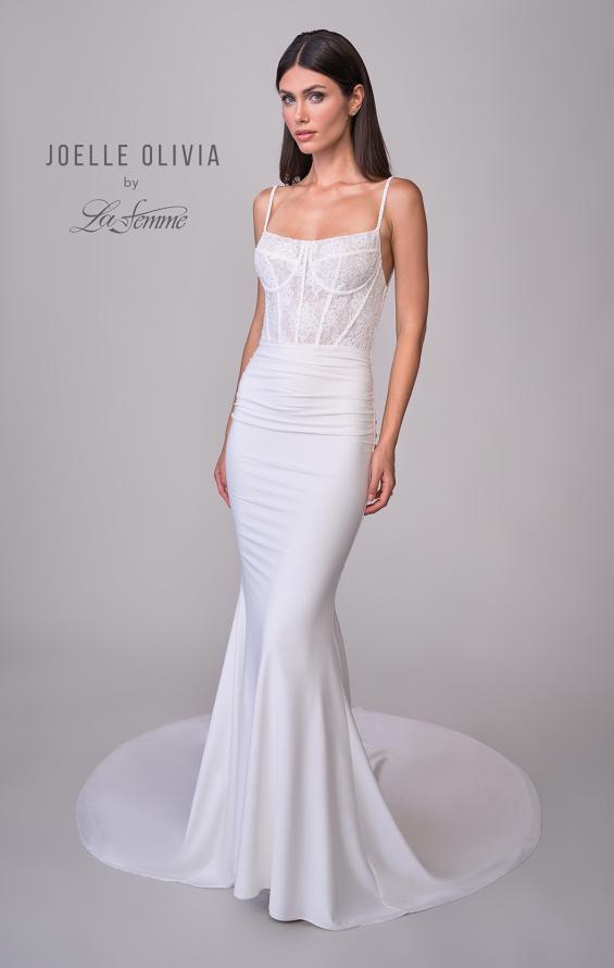 Picture of: Ruched Luxe Jersey Wedding Dress with Illusion Lace Corset Top in ivory, Style: J2172, Detail Picture 9