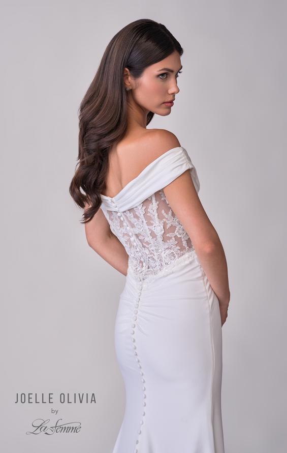 Picture of: Off the Shoulder Luxe Jersey Dress with Ruched Bodice and Illusion Lace Back in ivory, Style: J2181, Detail Picture 9