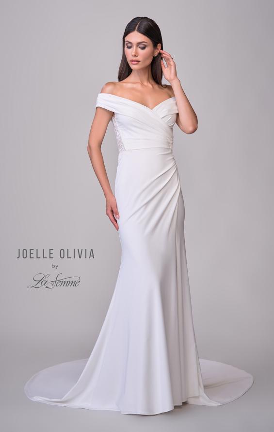 Picture of: Off the Shoulder Luxe Jersey Dress with Ruched Bodice and Illusion Lace Back in ivory, Style: J2181, Detail Picture 10