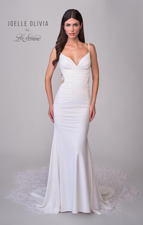 Picture of: Luxe Jersey Wedding Gown with Draped Neckline and Lace Illusion Back in ivory, Style: J2200, Detail Picture 10