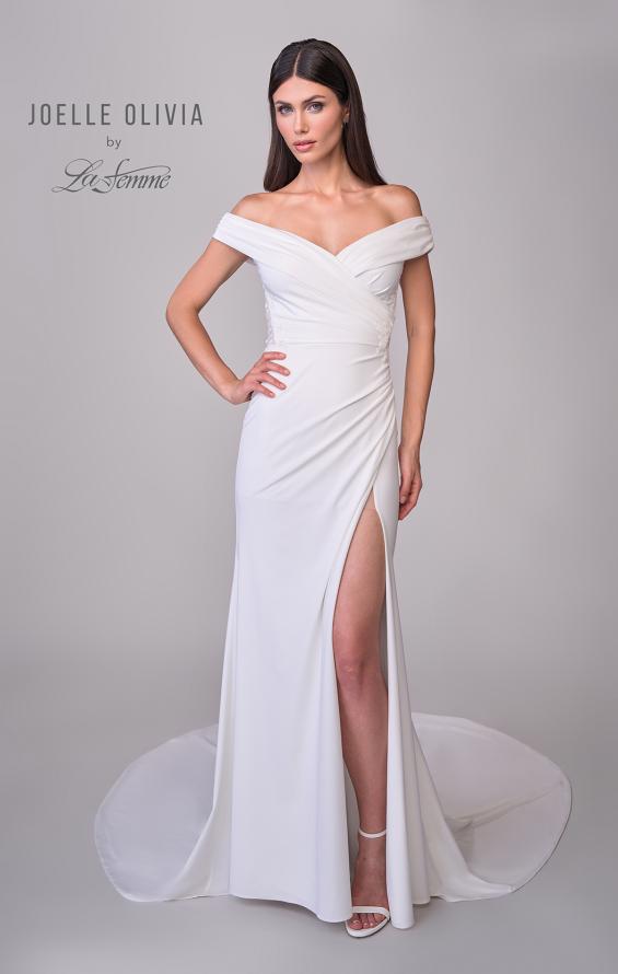 Picture of: Off the Shoulder Luxe Jersey Dress with Ruched Bodice and Illusion Lace Back in ivory, Style: J2181, Detail Picture 11