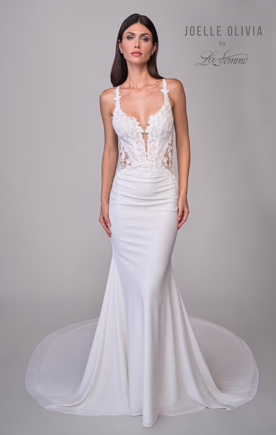 Picture of: Unique Lace and Luxe Jersey Dress with Deep V Neckline and Illusion Lace Sides in ivory, Style: J2202, Detail Picture 11
