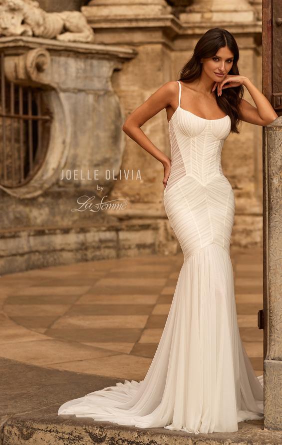 Picture of: Sheer Corset Mermaid Wedding Dress with Ruched Tulle Skirt in ivory, Style: J2321, Detail Picture 11, Landscape