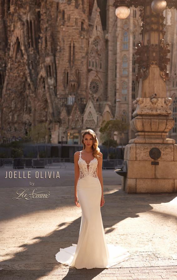 Picture of: Unique Lace and Luxe Jersey Dress with Deep V Neckline and Illusion Lace Sides in ivory, Style: J2202, Detail Picture 16