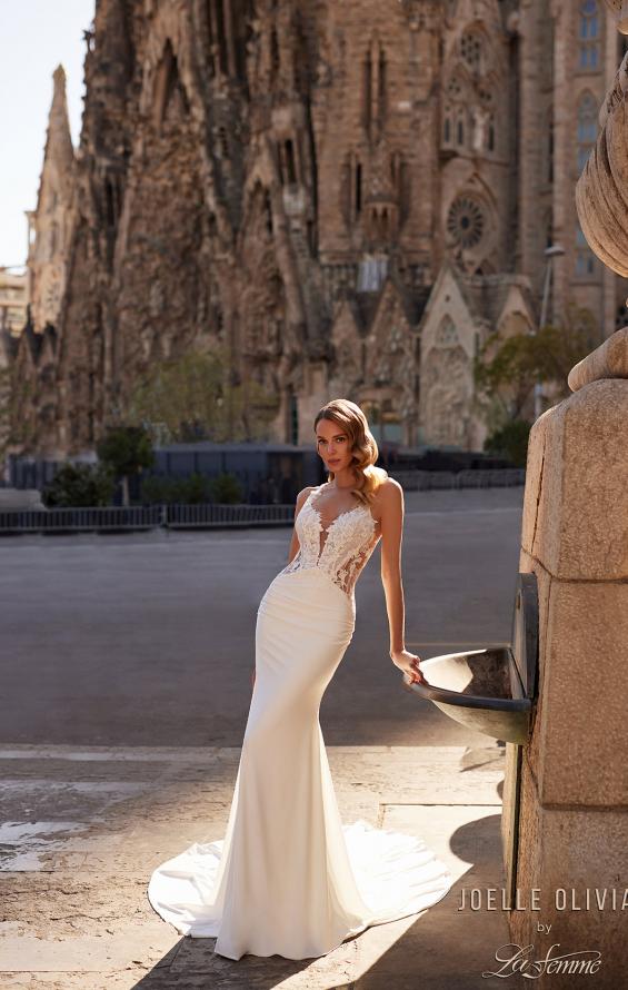 Picture of: Unique Lace and Luxe Jersey Dress with Deep V Neckline and Illusion Lace Sides in ivory, Style: J2202, Detail Picture 17