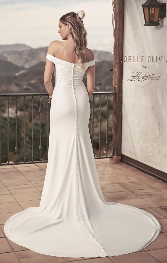 Picture of: Off the Shoulder Wedding Dress with Ruching and Slit in ivory, Style: J2004, Back Picture