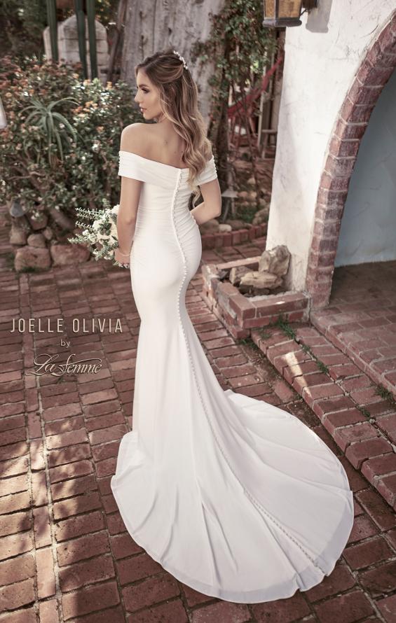 Picture of: Luxe Jersey Off the Shoulder Gown with Ruching in ivory, Style: J2013, Back Picture