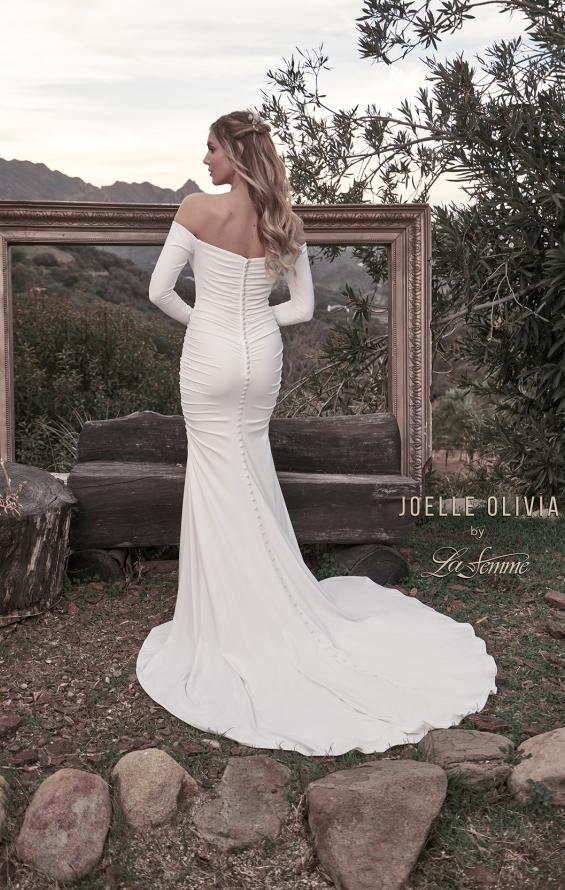 Picture of: Long Sleeve Plunge Neck Gown with Off the Shoulder Top in ivory, Style: J2033, Back Picture