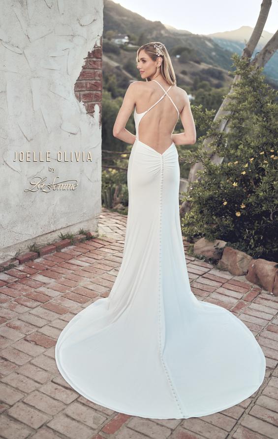 Picture of: Open Back Luxe Jersey Knit Dress with Slit and Ruffle Detail in ivory, Style: J2076, Back Picture