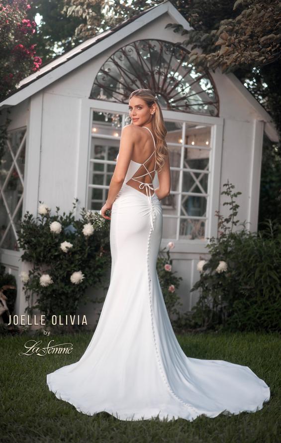 Picture of: Plunge Neck Ruched Dress with Lace Up Back in ivory, Style: J2087, Back Picture