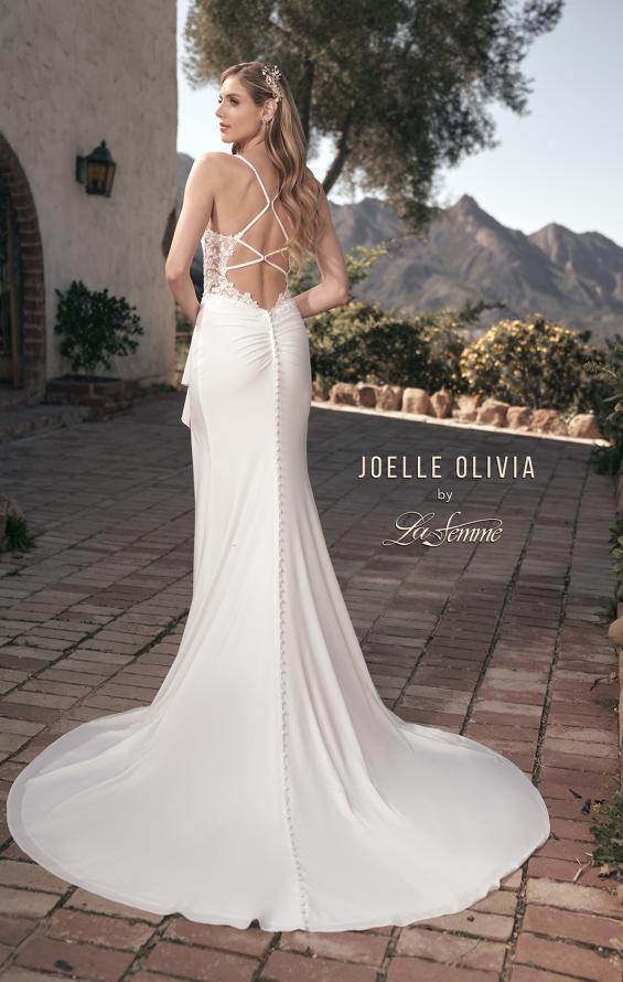 Picture of: Luxe Jersey Gown with Lace Back Details and Buttons in ivory, Style: J2098, Back Picture