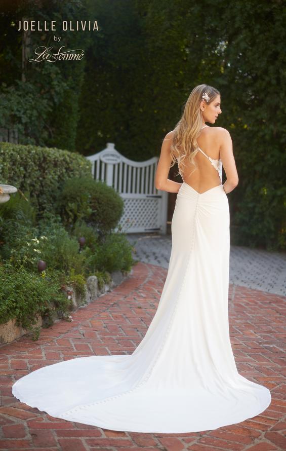 Picture of: Elegant Luxe Jersey Gown with Lace Bodice and Slit in ivory, Style: J2102, Back Picture