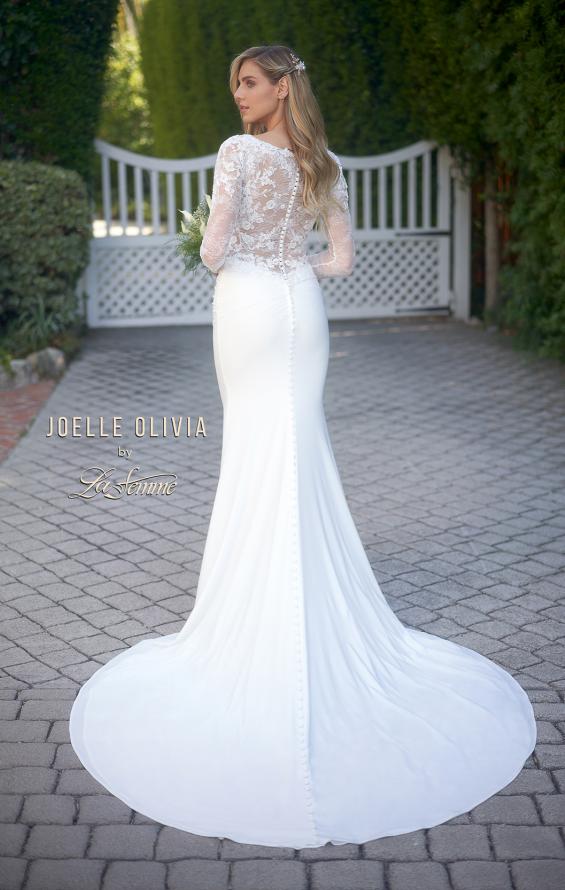 Picture of: Long Sleeve Gown with Lace Bodice and Plunge V Neck in ivory, Style: J2104, Back Picture