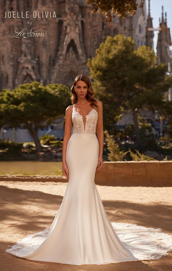 Picture of: Gorgeous Luxe Jersey Wedding Dress with Illusion Lace Bodice and Open Low Back in ivory, Style: J2118, Back Picture