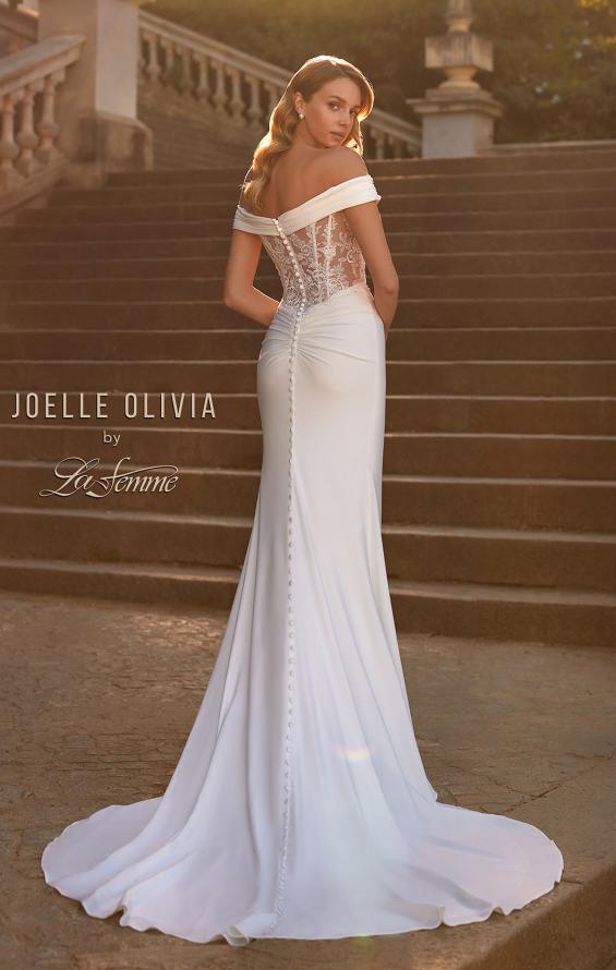 Picture of: Off the Shoulder Luxe Jersey Dress with Ruched Bodice and Illusion Lace Back in ivory, Style: J2181, Back Picture