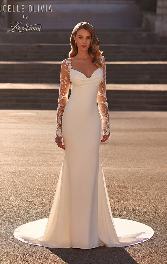 Picture of: Luxe Jersey Wedding Dress with Illusion Lace Long Sleeves and Draped Neckline in ivory, Style: J2220, Back Picture