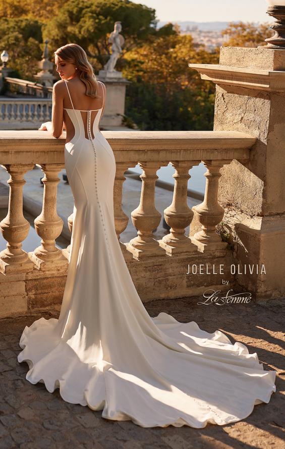 Picture of: Stunning Crepe Jersey Gown with Unique Back Detail and Bustier Top in ivory, Style: J2225, Back Picture